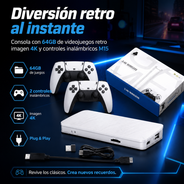 Consola con 64GB de videojuegos retro imagen 4K y controles inalámbricos M15 - Maxi Accesorios México