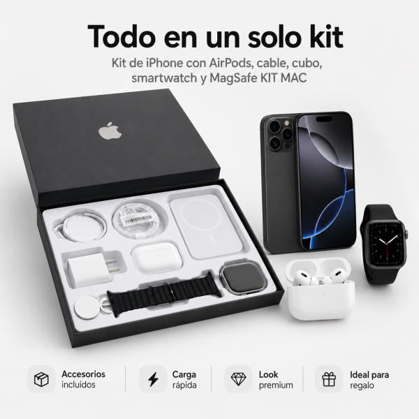 Kit de iPhone con AirPods, cable, cubo, smartwatch y MagSafe KIT MAC - Maxi Accesorios México