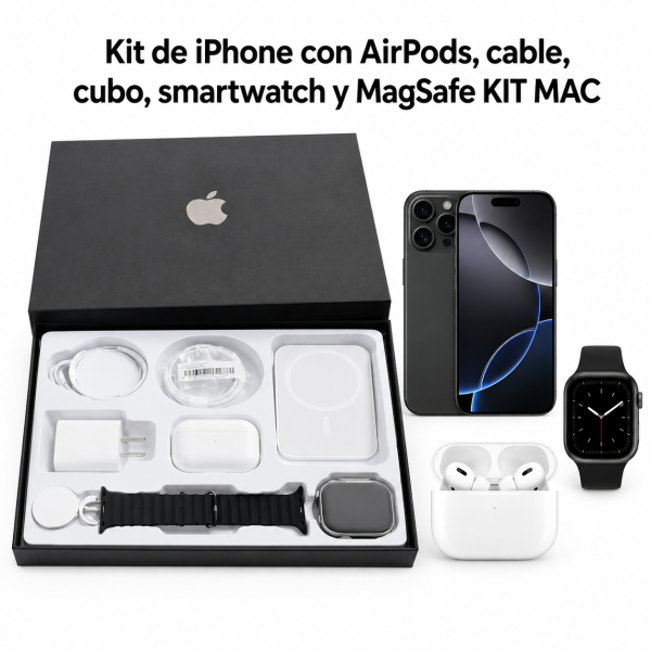 Kit de iPhone con AirPods, cable, cubo, smartwatch y MagSafe KIT MAC… - Maxi Accesorios México