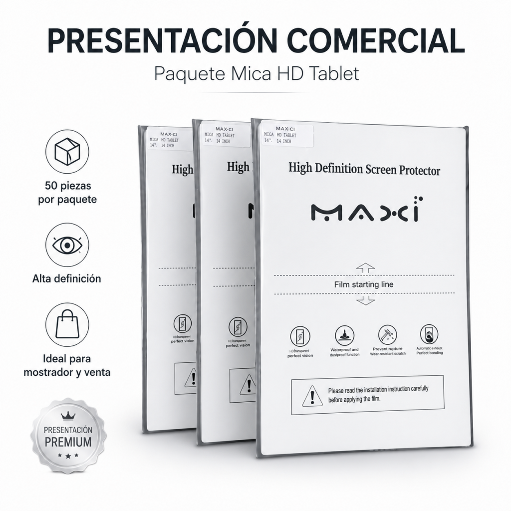 Paquete mica de hidrogel tipo HD para tablet de 14 pulgadas MICA HD TABLET - Maxi Accesorios México