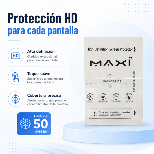 Paquete micas de hidrogel tipo HD con 50 piezas MICA HD - Maxi Accesorios México