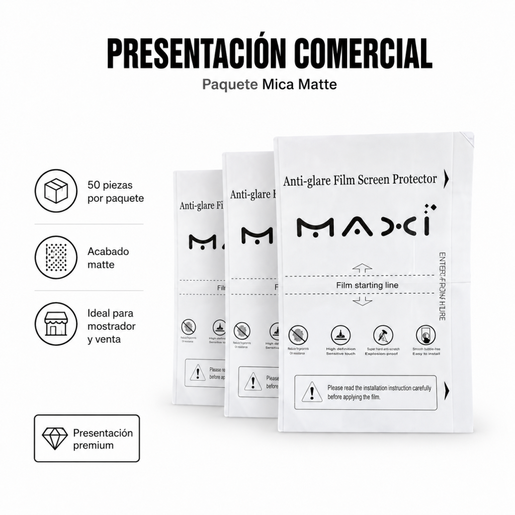Paquete micas de hidrogel tipo matte con 50 piezas MICA MATTE - Maxi Accesorios México