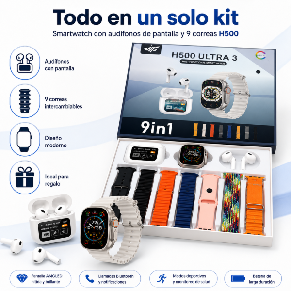 Smartwatch con audífonos de pantalla y 9 correas H500 - Maxi Accesorios México