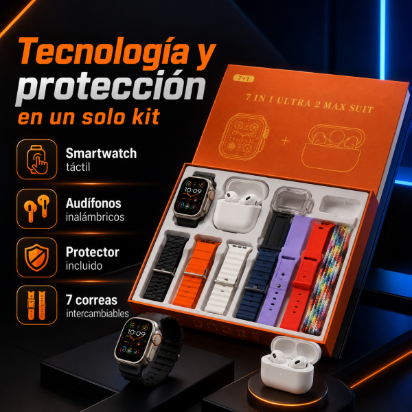 Smartwatch con protector y audífonos con 7 correas T900 SUIT - Maxi Accesorios México