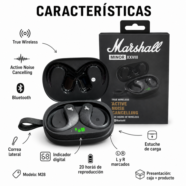 Audífono Bluetooth Marshall de gancho con indicador – M28 - Maxi Accesorios México