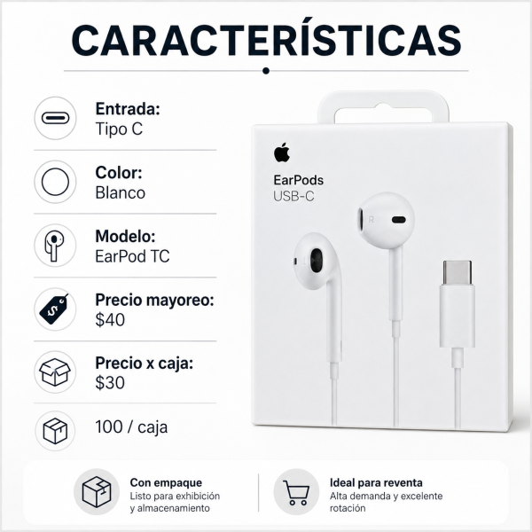 Audífono iPhone 15 con entrada Tipo C – EARPOD TC - Maxi Accesorios México