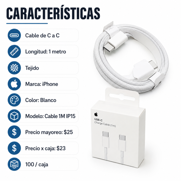 Cable Tipo C a Tipo C de 1 m tejido – CABLE 1M IP15 - Maxi Accesorios México