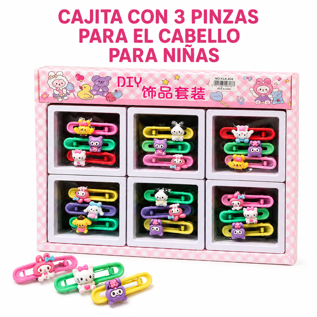 Cajita con 3 pinzas para el cabello para niñas – KL838 en… - Maxi Accesorios México