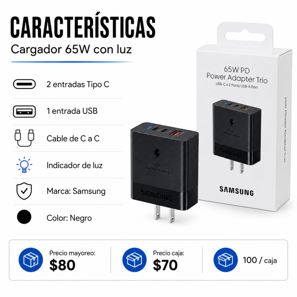 Cargador 65W con luz - Maxi Accesorios México