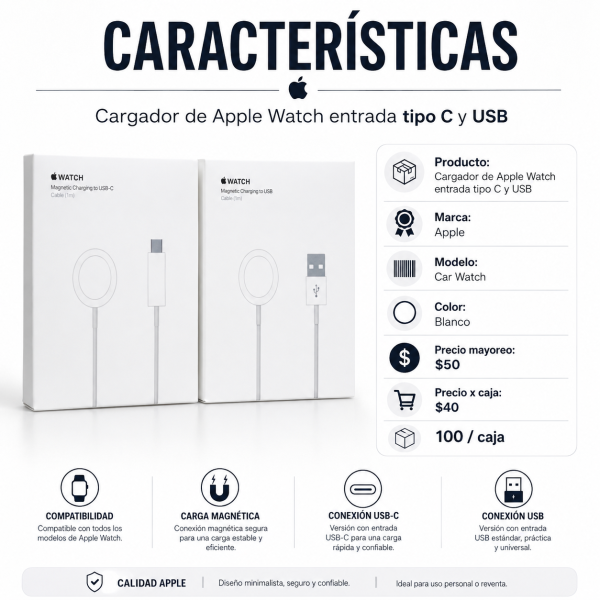 Cargador para Apple Watch Tipo C y USB – CAR WATCH - Maxi Accesorios México