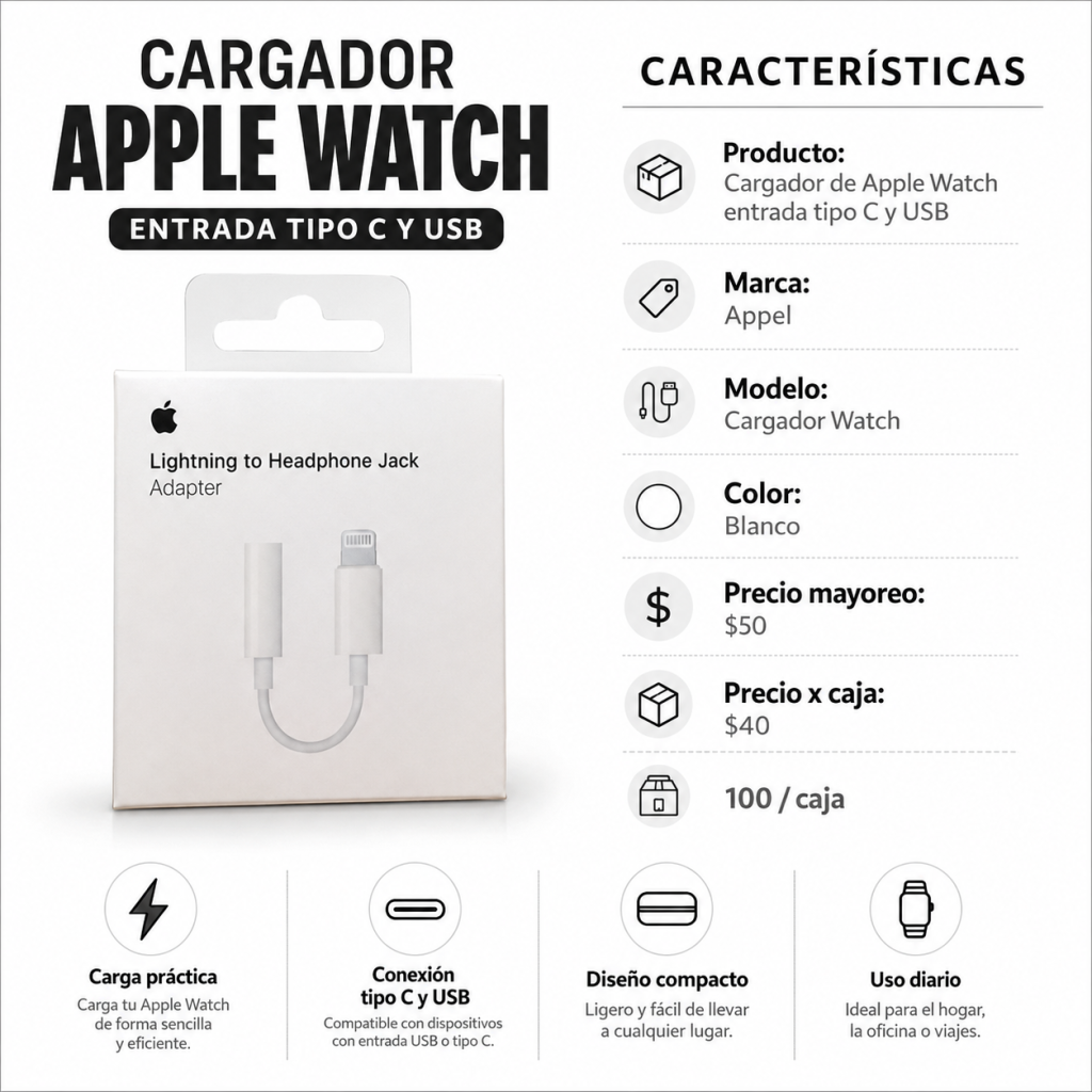 Cargador para Apple Watch Tipo C y USB – CARGADOR WATCH - Maxi Accesorios México
