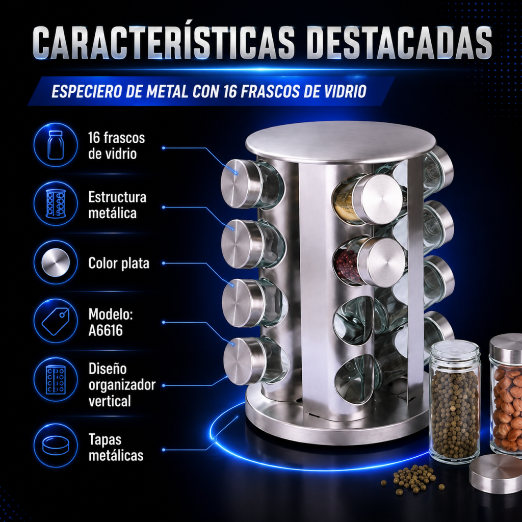 Especiero de metal con 16 frascos de vidrio – A6616 - Maxi Accesorios México