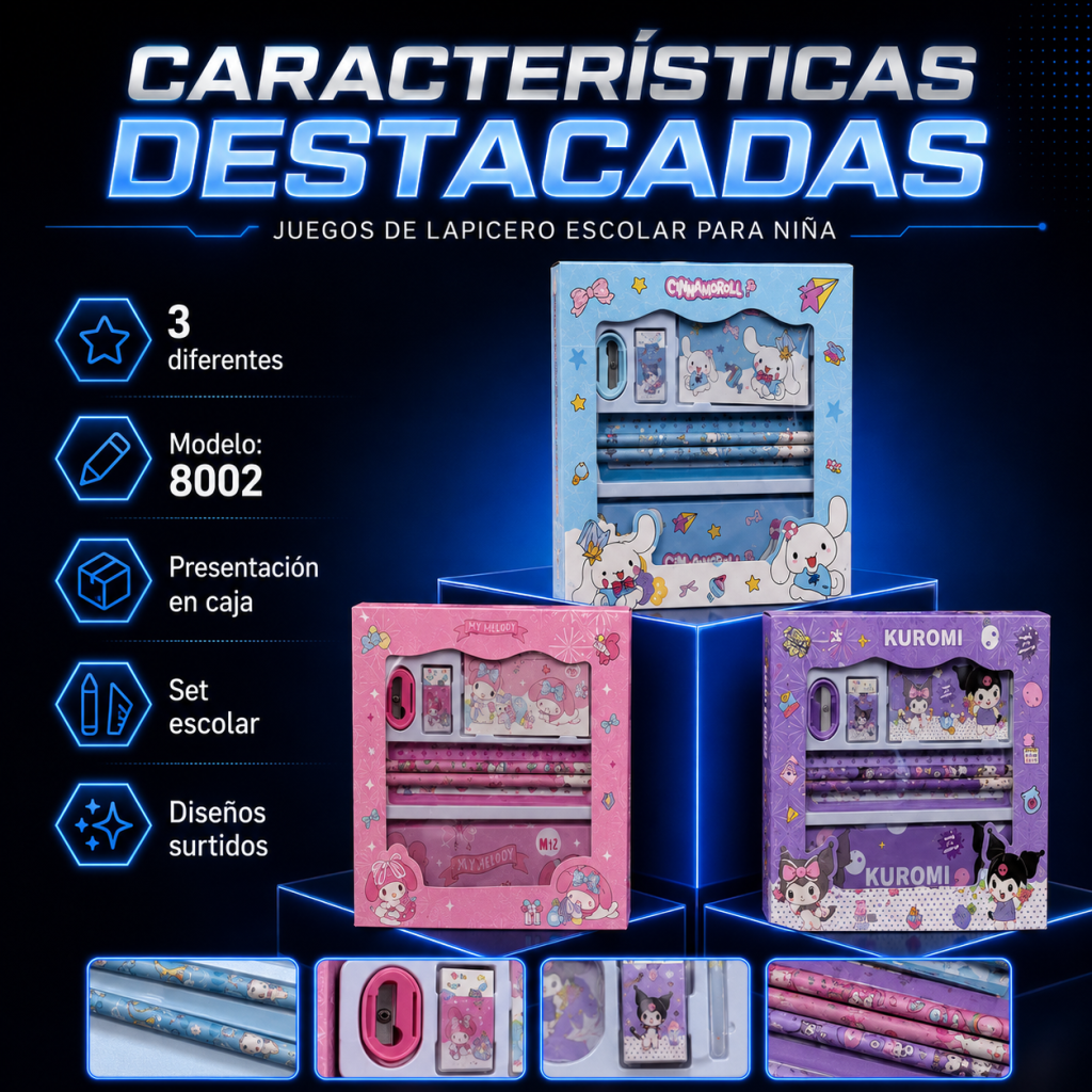 Juego de lapicero escolar para niña – 8002 - Maxi Accesorios México