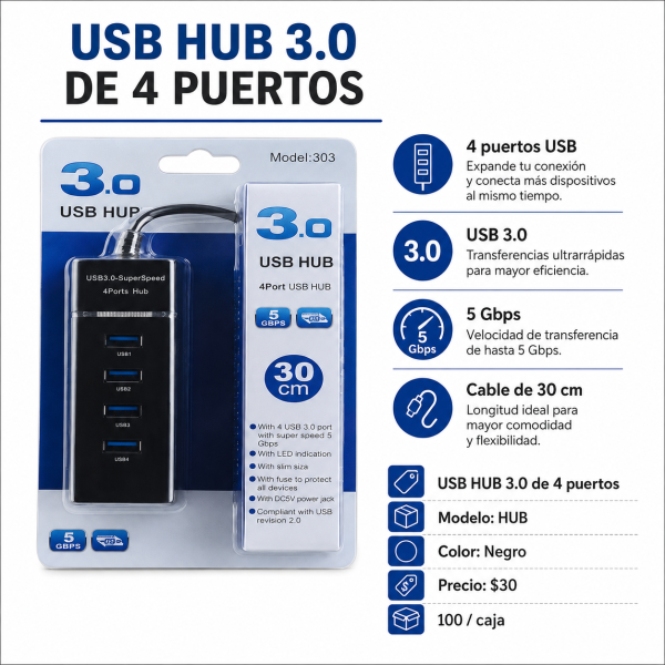 USB Hub 3.0 de 4 puertos – HUB - Maxi Accesorios México